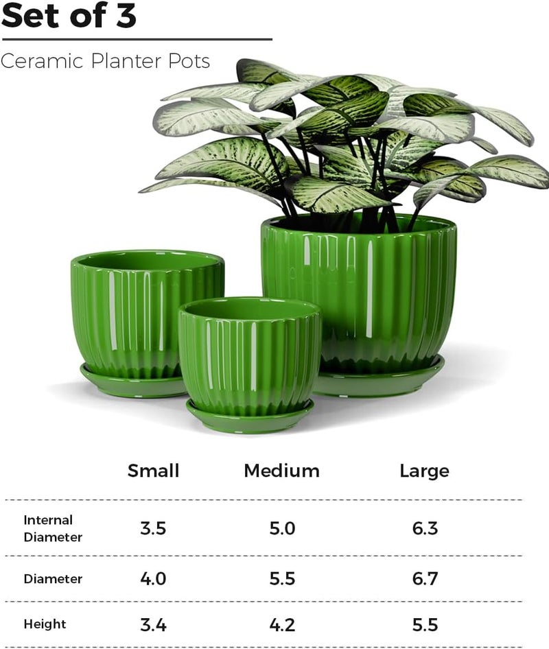 Ton Sin Ceramic Plant Pots,4"+5"+6" Inch,Green Flower Pots with Drainage Holes and Tray,Indoor Planters for Plants Pots,Home Office Decoration GIF for Plants,Succulent Pot Set of 3 - Image 3